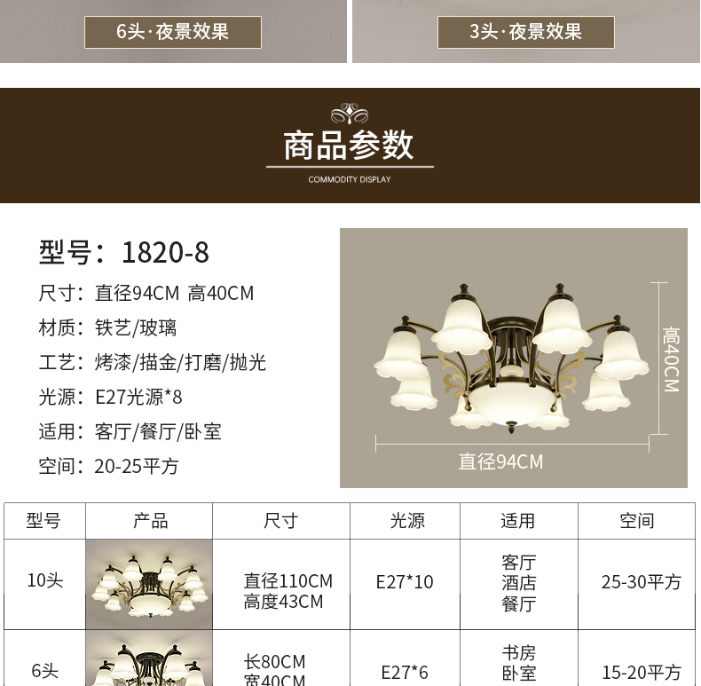 【1820】铁艺+玻璃+水晶 美式吊灯