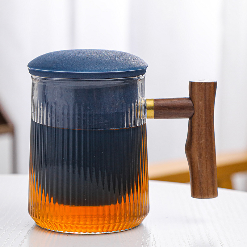 竖纹玻璃办公杯（蓝色）/木把