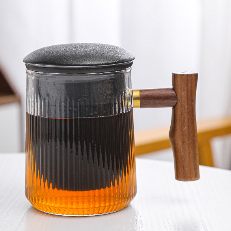 竖纹玻璃办公杯（黑色）/木把