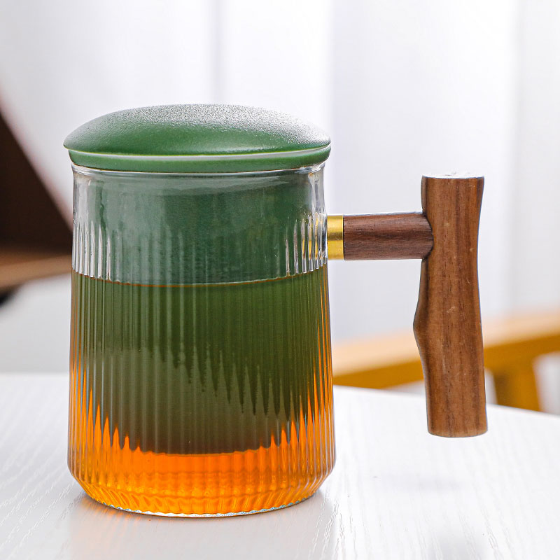 竖纹玻璃办公杯（青色）/木把