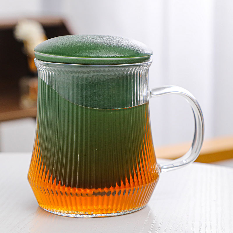 竖纹玻璃办公杯（青色）/玻璃把