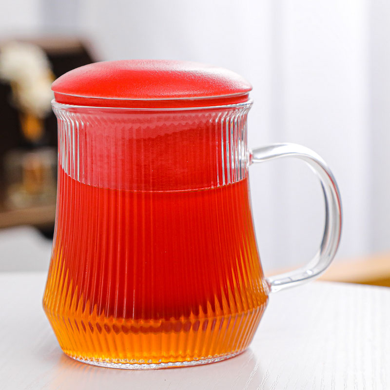 竖纹玻璃办公杯（红色）/玻璃把